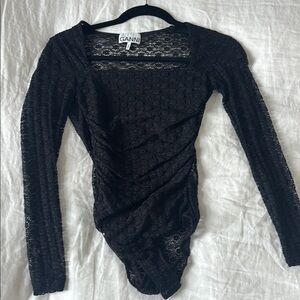Ganni Black Lace Long Sleeve Bodysuit